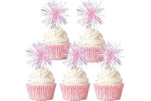 Gleevio 40 Stück Happy Birthday Tortendeko Rosa,Feuerwerk Cupcake Topper,Glitzer Tortendeko Geburtstag Mädchen,Feuerwerk Kuchen Deko,Happy Birthday Muffin Deko für Geburtstag Weihnachten Neujahr