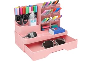 Owelth Portapenne da Scrivania con Cassetto, 5 Pezzi Porta Penne Rosa in Plastica, Multifunzionale Organizer Scrivania Combinabile, Portaoggetti Scrivania per Ufficio, Casa, Scuola