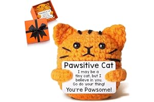 DOLLGIFT Handmade Emotional Support Crochet Positive Cat with Inspirational Cards in Gift Box, Pawsitive Knitted Gift Plush Doll for Cat Lover Women Men,Good Luck Present for Birthday, Office Home Desk Decor