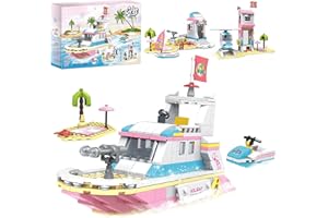 COGO 3 in 1 Set da Costruzione per Nave Giocattoli per la Costruzione di Case Sulla Spiaggia Salvataggio Elicottero Giocattoli da Costruzione Cruising Avventure Giocattoli Regalo per Bambini 6+ 351 PZ