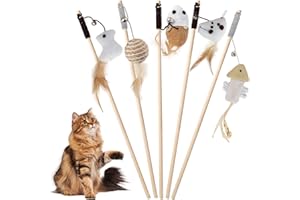 CUEMOON Zestaw 5 zabawek dla kotów z piórkiem i drewnianym uchwytem, interaktywna zabawka dla kotów do zabawy