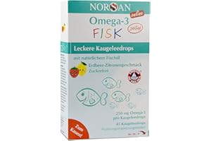 ‎NORSAN NORSAN Omega 3 FISK Jelly 45 hochdosiert-Omega 3 für Kinder (250 mg pro Kaugeleedrops) - Omega Öl mit EPA & DHA-Tagesdosis mit Zitrone-Erdbeer-Geschmack 4 Kapseln Premium für Kinder
