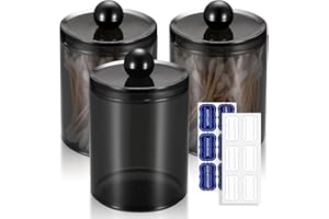 Gaomoeny 3 PACK Qtip Holder Dispenser Storage Organizer with Labels - 12 oz Black Apothecary Jars Bathroom for Cotton Ball,Cotton Swab,Cotton Round Pads,Floss,Makeup Sponges,Hair Clips