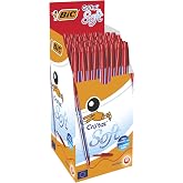 BIC Cristal Soft T&uuml;kenmez Kalem, Kırmızı, 50'li Kutu, 1.2 mm Orta Kalınlıkta U&ccedil;, Şeffaf G&ouml;vde, Delikli Kapak