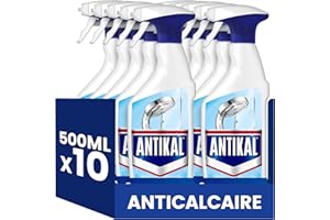 Antikal Spray pour Salle de Bain (500ml x10), Technologie Anti-Gouttes, Élimine Jusqu’à 99.99pour cent Du Calcaire, Parfum Classique