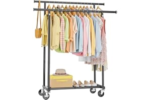 HYSEYY Double Rods Clothes Rail, Rolling Clothes Rack, Metal Clothing Rail with 4 Lockable Wheels & Storage Shelf, Sturdy Clothes Rails for bedroom, Laundry Room, 160Hx113Wx42D cm