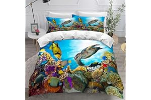 EHAOKK Set di biancheria da letto con animali marini 3D, delfino, pesce tropicale, corallo, copripiumino vita marina, copripiumino mondo subacqueo blu per bambini(B, 135 x 200 cm)
