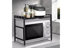 SHISHI Support Four à Micro-Ondes en Métal à 2 Niveaux, Ajustable Étagère de Cuisine Comptoir, Étagère Rangement Cuisine, Organisateur de Rangement Extensible, (40-64)×36,5×45 cm - Noir