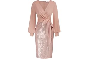 GRACE KARIN Femme Travail Robe de Cocktail Col en V Manches Longues Crayon avec Ceinture élégante