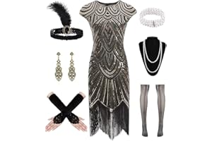 WILDPARTY 20er Jahre Kostüm Damen Charleston Kleid, Flapper Kleid mit Pailletten Perlen Fransen Netzstrümpfe, Kleider 20er Jahre Accessoires, Vintage Mafia Kostüm Damen Cocktailkleid