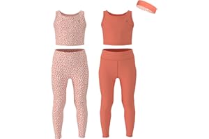 Essenclo Girls Athletic Leggings Yoga Pants w/Sleeveless Crop Tank Tops for Kids Workout Cheer Dance Run Sizes 3-16, 5pc Set