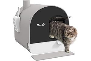 PawHut Lettiera per Gatti Chiusa, Casetta con Vassoio Estraibile, Paletta, Porta e Filtri Antiodore, Toilette per Gatti Antipertita con Tappetino, Grigio e Nero