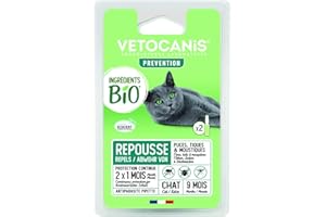 Vetocanis - Pipette antiparassitario per gatti > di 9 mesi - Repellente per pulci, zecche e zanzare - BIO - Antipulci gatto Made in France - Trattamento per gatti di tutte le razze - 2 mesi di cura