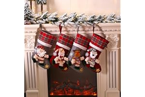 Tiandirenhe Calcetines Navidad Chimenea, 4 Piezas Medias Navideñas para Llenar y Colgar, Adorno de Navidad Bolsa de Dulces, Papá Noel Muñeco De Nieve Celosía Reno País Chimenea Decoración Navideña