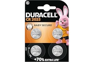 DURACELL 2025 Lithium Coin Batteries 3V (4 Pack) - Up to 70% Extra Life - Baby Secure Technology - For Use in Key Fobs, Fitness Watches and 3D Glasses - Baby Secure Packaging