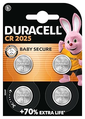 DURACELL 2025 Lithium Coin Batteries 3V (4 Pack) - Up to 70% Extra Life - Baby Secure Technology -...