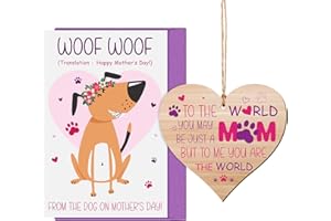 JADIVE Mothers Day Gifts Set from the Dog Including Happy Mothers Day Card, Mum Wooden Hanging Heart Plaque from Doggy Pup Puppy Funny Birthday Card and Purple Envelope for Dog Lovers Mum Personalised Gifts