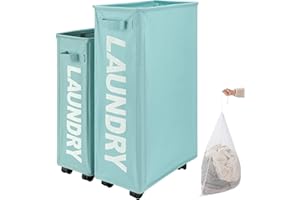 TOTANKI Panier à Linge Mince et Extra-Large sur roulettes, Panier à Linge Pliable avec poignée, trieur et Organisateur de Linge Pliable, Grand Panier de Rangement (Bleu, Pro 27")