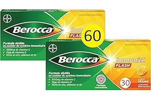 Berocca Immunité Flash Comprimés Effervescents, Vitamine C, B6, B9, B12, D, Zinc, Sélénium, Goût Orange, 2 Pack de 30 comprimés