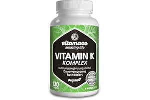 ‎VITAMAZE - AMAZING LIFE Vitamin K Komplex hochdosiert & vegan, K1 1.000 mcg + K2 Menaquinon (1.000 mcg MK4 + 200 mcg MK7), 120 Kapseln für 4 Monate, beste Bioverfügbarkeit, Made in Germany