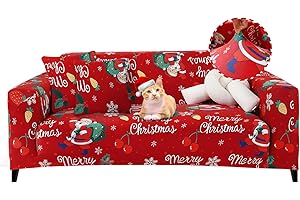 Jaotto Copridivano 3 Posti Elasticizzato, Fodera per Divano Elasticizzato Fantasia Antiscivolo Antimacchia, Copridivano con Braccioli Tessuto Super Morbido Universale,Natale Ciliegia