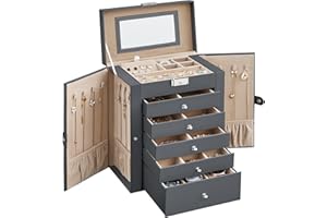 SONGMICS Boîte à Bijoux 6 Niveaux, Écrin à Accessoires, Coffre, 5 Tiroirs, Miroir, Serrure, Rangement Bijoux, Surface Gris Ardoise, Doublure Beige Sable JBC152G01