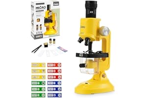 LITTLE WORLD Kids Microscope, Microscope for Kids Portable Microscopes Kid Educational Science Kit for Kid Beginner Microscopes 100X 400X and 1200X Incl Sample Prepared Slides 12pcs Educational Toy, Yellow