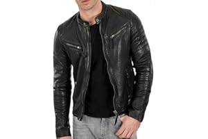 JORDE CALF Mens Black Slim Fit Black Leather Jacket | Cafe Racer Motorcycle Jacket Men | Retro Black Genuine Lambskin Leather Jacket Men