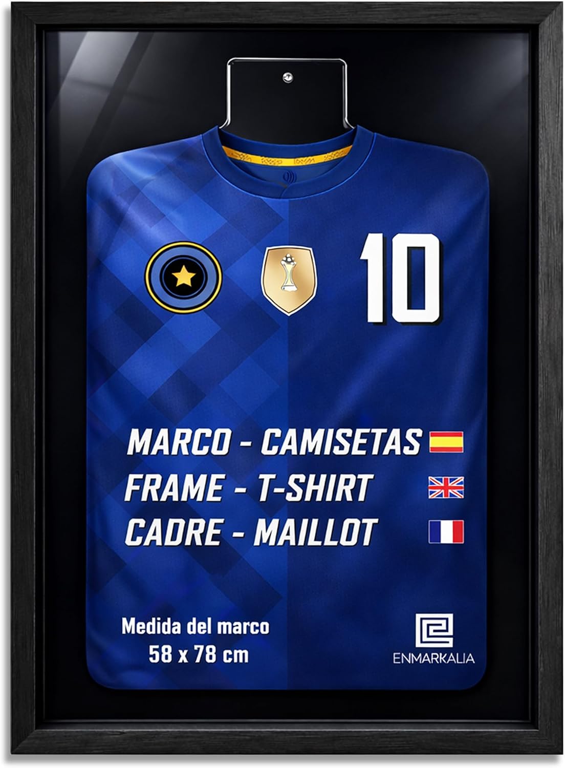 Marco para Camiseta de Fútbol 58x78 cm con soporte de Metacrilato – Cuadro para Camisetas Firmadas y Deportivas – Expositor para Camisetas de Deporte – Fácil Montaje – Marco Negro con fondo negro