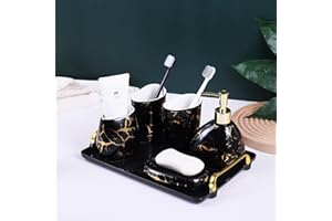 XYQXYQ Schwarzes Badezimmer-Zubehör-Set, goldfarbene Marmoroptik, modernes 6-teiliges Badezimmer-Zubehör-Set, komplett mit Seifenspender, Zahnbürstenhalter, Becher, Tablett, Arbeitsplatte
