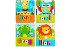 TANGDUDU 4 Pack 3D Wooden Jigsaw Puzzle for Kids, Wooden Puzzles Toys for 1-3 Year Old Boys Girls Birthday Gift for 1-3 Year Old Toddlers Kids Education Toy Age 1 2 3 Baby Children (AnimalLetter)