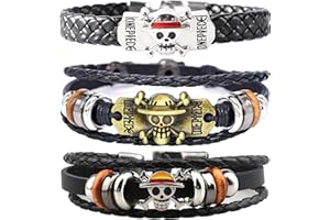 PQKL-party One Piece Braccialetti Merch 3 Pcs Bracciale avvolgente con occhio del diavolo con Accessori a Forma di Teschio e in Pelle Tressata bello Regalo Decorazione