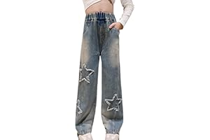 Panegy Ripped Jeans for Girls High Elastic Waist Baggy Casual Wide Leg Denim Jeans Fashion Washed Trousers with Pockets Stretchy Vintage Pants Age 5-15 Years