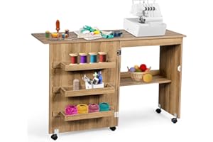 COSTWAY Table pour Machine à Coudre Pliante, Table de Couture avec 3 Etagères pour Bobines et roulettes verrouillables en Bois