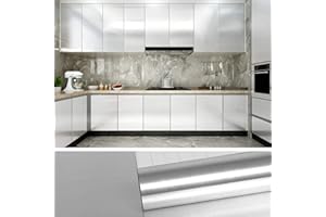 VEELIKE Papel Pared Autoadhesivo Aluminio Efecto Papel Pintado Cocina Papel de Pared de Vinilo EfectoAcero Inoxidable Impermeable para Muebles Proyecto de Bricolaje 40cm x 600cm