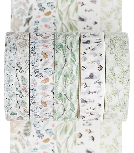 Washi Tape Rolls / 8 Rolls Tape Green Nature Colors Tape Rolls Leaves, Trees, Cacti Comes In A Gift Box - View #10