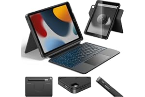 ‎HOU HOU Combo hülle mit Tastatur drehbar für ipad 9 Generation 10,2 Zoll & 8. Gen & 7. Gen Multi-Touch Trackpad, 7 Farben Hintergrundbeleuchtung,abnehmbar,Ultraleicht,Portrait/Landscape Modi,Schwar