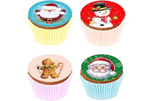 Kardasis Décorations comestibles Cupcake de Noël | Disques en sucre pour muffins et gâteaux | Décoration de cupcake pour la fête avec Père Noël & Bonhomme de neige | Ø 5,3 cm + 12 pièces