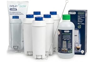 Aquafloow 5x Filtre à eau compatible avec DeLonghi DLSC002 & Détartrant EcoDecalk (500ml) – Kit d'entretien pour machine à café Magnifica S, Evo, Dinamica – Avec brosse de nettoyage