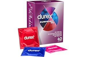 Durex Surprise Me Variety Pack, 40 Condoms, Thin feel, Extra Safe, Pleasure Me, Tickle Me, With Silicone Lube, Condoms Bulk for men, Regular Fit, Ribbed and Dotted, Easy on Shape, Teat Ended