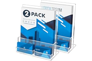 Rarapop A4 Acrylic Leaflet Holder with Business Card Holder, 2 Pack Clear Flyer Holder Countertop Brochure Display Stand for Magazine, Pamphlet, Booklets, Menu, Journals, Business Card (A4)