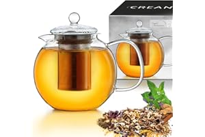 Creano czajniczek szklany 1,7l, 3-częściowy szklany czajniczek z wbudowanym durszlakiem ze stali nierdzewnej i szklaną pokrywką, idealny do przygotowywania luźnych herbat, zapobiegających kapaniu,