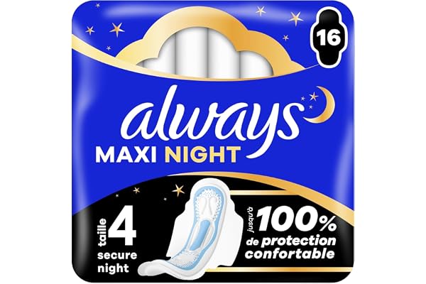 Always Maxi Serviettes Hygiéniques, Taille 3, Night, 16 Serviettes Avec Ailettes, Flux Très Abondants Nuit, Cœur Ultra Absorbant et Barrières Anti-Fuites