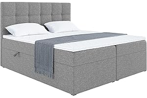 ‎MEBLINI MEBLINI Boxspringbett mit Bettkasten - Gepolstert Doppelbett mit Matratze und Topper - Polsterbett mit Stauraum - Bett mit Kopfteil - Stauraumbett - NILS - 140x200 - H3/Grau Webstoff