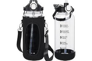 Seekua 1.5 liter Trinkflasche Glas Flasche mit Strohhalm & Zeitmarkierung, 1.5l Wasserflasche mit Früchteinsatz & Schutzhülle für Smoothie, Früchte, Kohlensäure geeignet