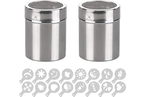 LURORA2021 2PCS Coctelera De Cacao Con Tapa Dispensador De Agitador De Polvo Capuchino Con Plantilla Coctelera De AzúCar Glas Agitador De DecoracióN Polvo Acero Inoxidable Sal Pimienta Canela Poder 16 PCS Moldes
