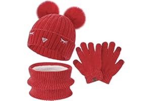 BEQUEMER LADEN Bambino Bambina Invernale Termico Cappello Berretto Beanie con Pompom Sciarpa Scaldacollo in Maglia Guanti Touch Screen Set per 3-10 Anni Bambini