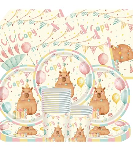 Capybara Geburtstagsparty-Set – Inkl. Teller, Becher, Servietten, Tischdecke & Ballons, Für Bis Zu 10 Gäste