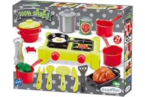 Jouets Ecoiffier – 2649 - Dînette Réchaud 100 % Chef – Ustensiles, vaisselle, aliments - 21 pièces – Dès 18 mois – Fabriquée en France