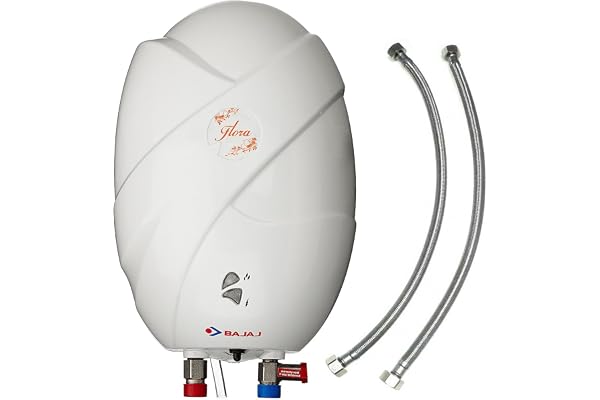 Bajaj Flora 3L 3kW ABS Plastic Instant Water Heater with 24-inch Stainless Steel Connection Pipes (White) wall mounting